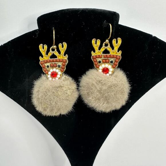 Reindeer Earrings Christmas Holiday Pom Pom Drop Dangle‎ Festive - Picture 1 of 8